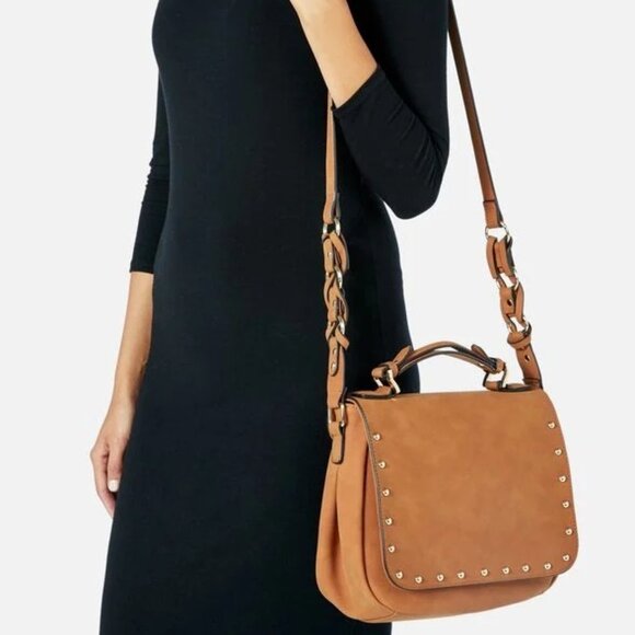 Justfab Faux Soft Suede/Leather Messenger Satchel Bag Brown/Fawn 12x9.5 Preown - Picture 2 of 11